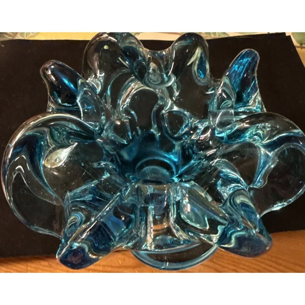 VTG Aqua Ocean blue Murano type Flower glass bowl Ashtray Trinket Dish - Picture 4 of 8